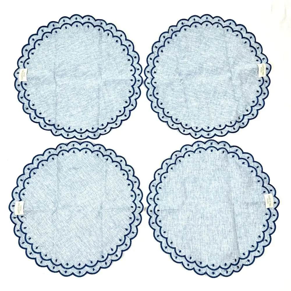 Table Two Studio Avalon Placemat Set Embroidered Chambray Linen Scalloped